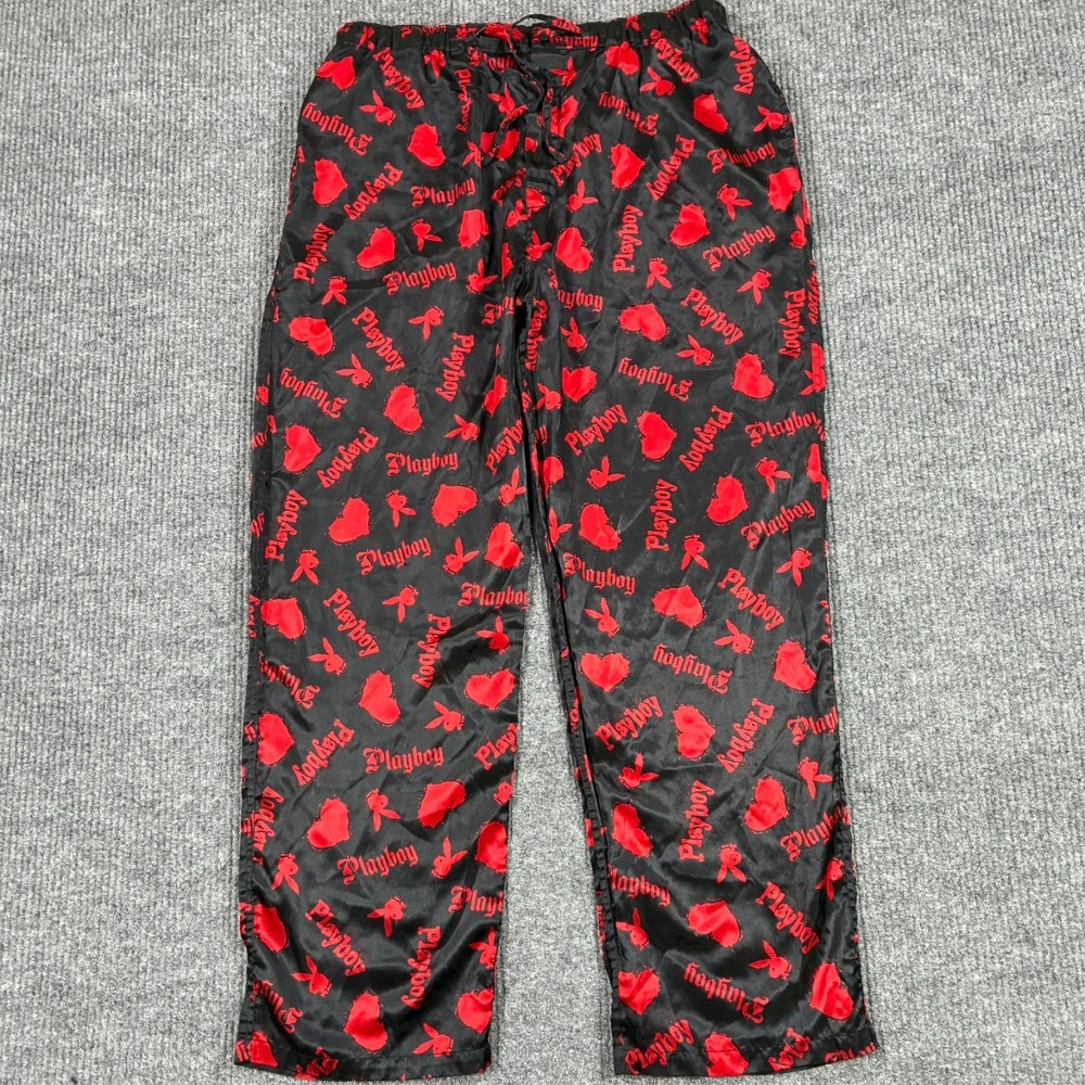 Vintage Playboy Underwear Pajama Pants Size XL Black Red Bunny Hearts Lounge Y2K